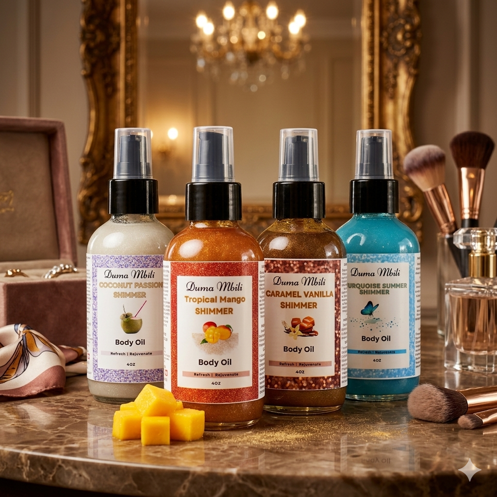 Coconut Passion Shimmer Body Oil by Duma Mbili LLC in a clear 4 oz bottle with a tropical coconut scent and shimmering finish.