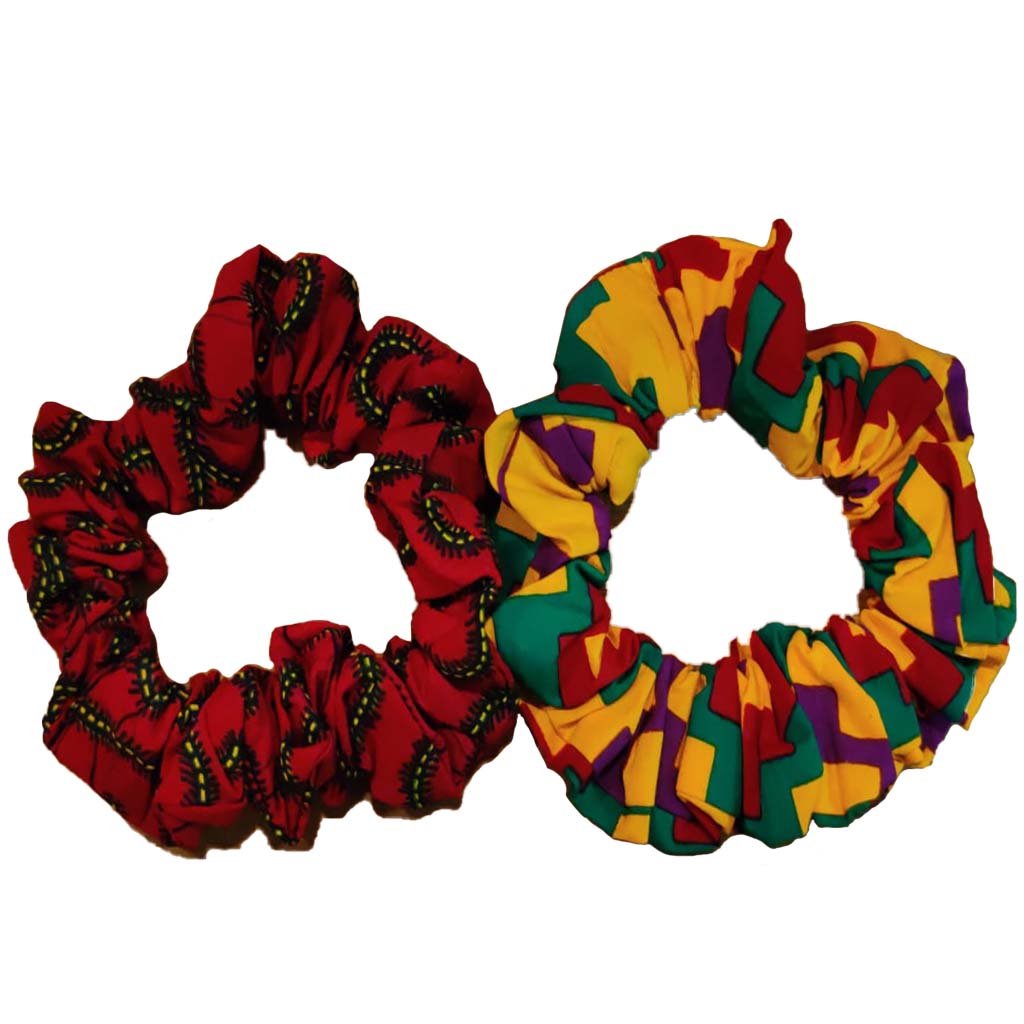 Red African print hair scrunchies by Duma Mbili LLC, soft fabric hair accessories with vibrant traditional patterns.