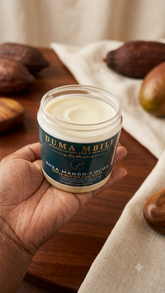 Duma Mbili Shea Mango Cocoa Triple-Butter Hair Balm jar showing creamy shea, mango, and cocoa butter texture for nourishing hair.