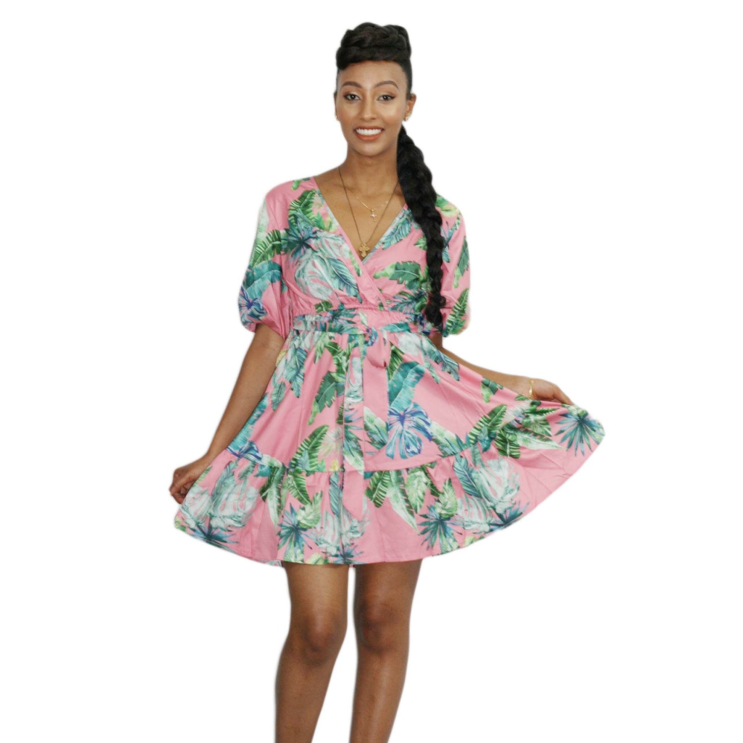 Floral V-neck summer mini dress by Duma Mbili LLC featuring a lightweight fabric and a stylish V neckline.
