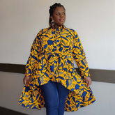 Duma Mbili LLC Kente African print high-low button-up blouse in blue and yellow, stylish tops with vibrant ethnic patterns.