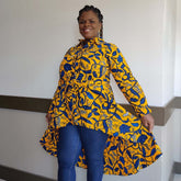 Duma Mbili LLC Kente African Print high-low button-up shirt in blue and yellow, stylish tops with vibrant traditional patterns.