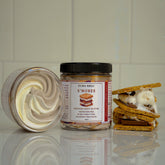 Duma Mbili LLC S’mores whipped body butter in a 4oz jar, showing the creamy, fluffy texture of the scented body moisturizer.