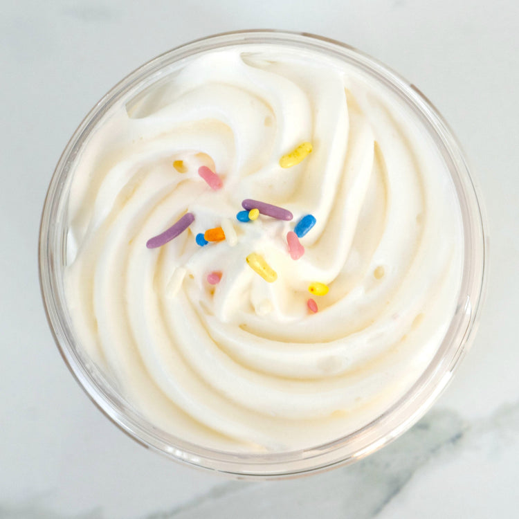 Duma Mbili LLC Sugar Cookie Sprinkles whipped body butter in an 8 oz jar with a smooth, creamy texture and colorful sprinkle topping.