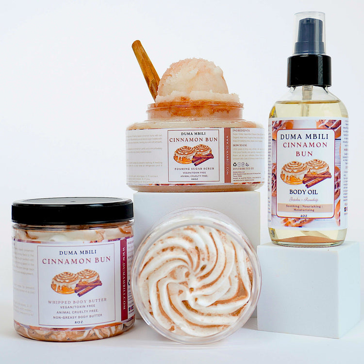 Duma Mbili LLC Fall Enchantment Bundle with cinnamon bun scented whipped body butter in a luxurious jar.