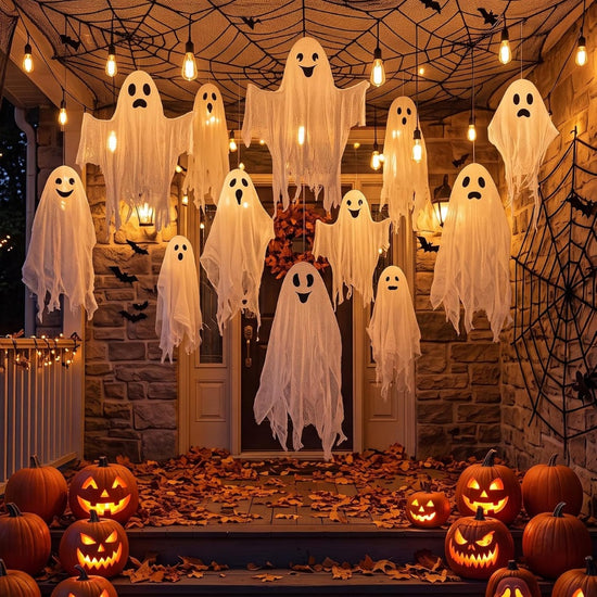 12 pcs Halloween hanging ghost outdoor decorations in three sizes, featuring spooky ghost figures for seasonal outdoor décor.
