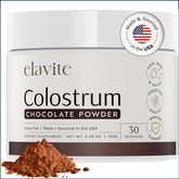 Elavite Colostrum Powder in chocolate flavor, a vitamins and herbs supplement with 30 servings, natural and nutritious.