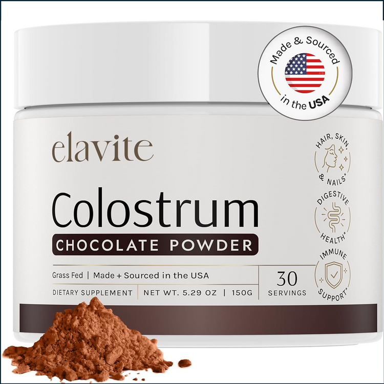 Elavite Colostrum Powder in chocolate flavor, a vitamins and herbs supplement with 30 servings, natural and nutritious.