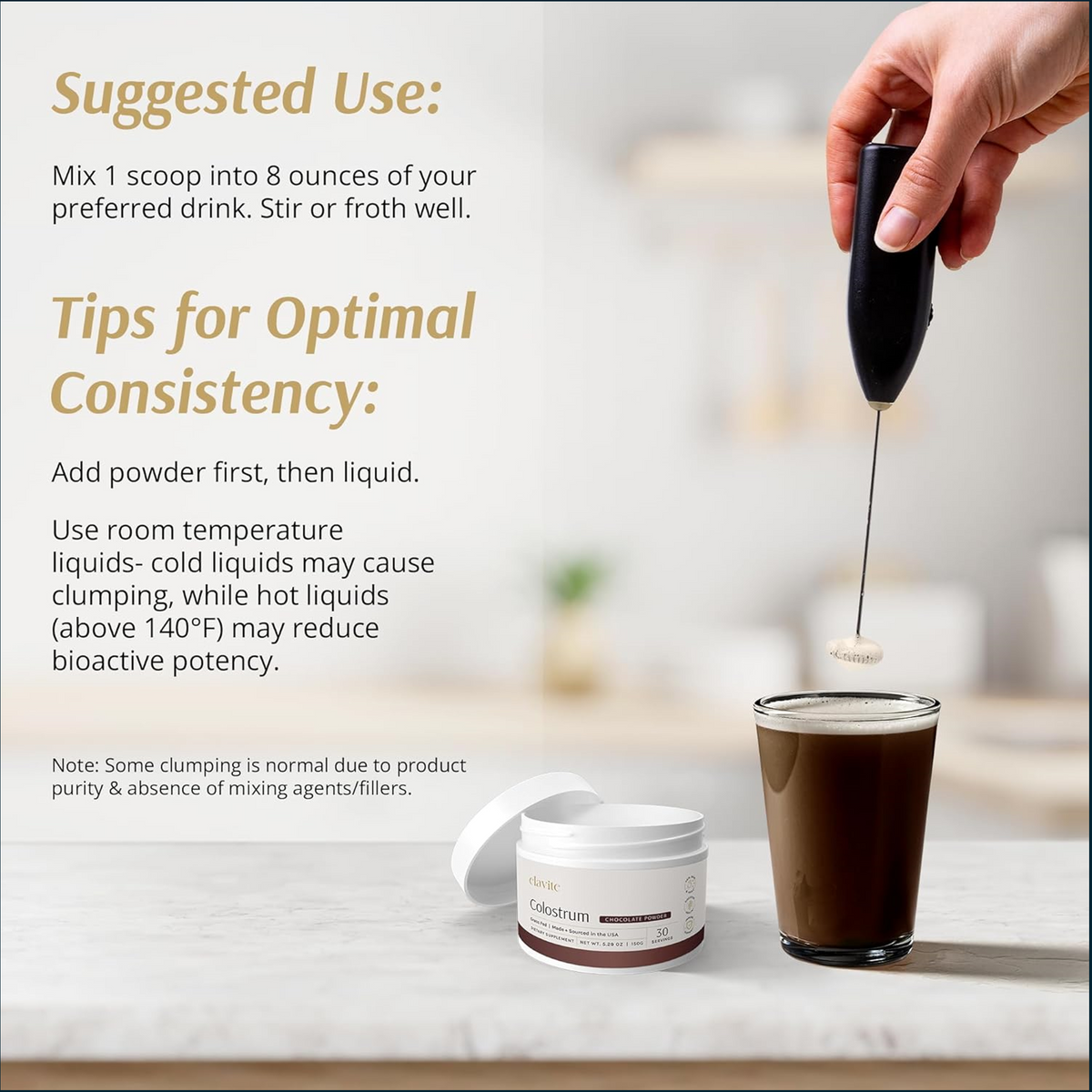 Elavite Colostrum Powder in a jar, showing the label with serving size and usage instructions, natural health supplement from PoorBoySupplements.