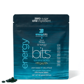 ENERGYbits small bag of plant-based algae energy bites, featuring ENERGYbits branding and resealable packaging for on-the-go nutrition.
