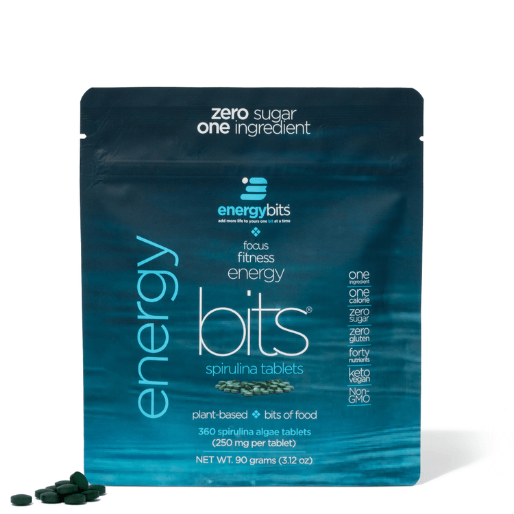 ENERGYbits small bag of plant-based algae energy bites, featuring ENERGYbits branding and resealable packaging for on-the-go nutrition.