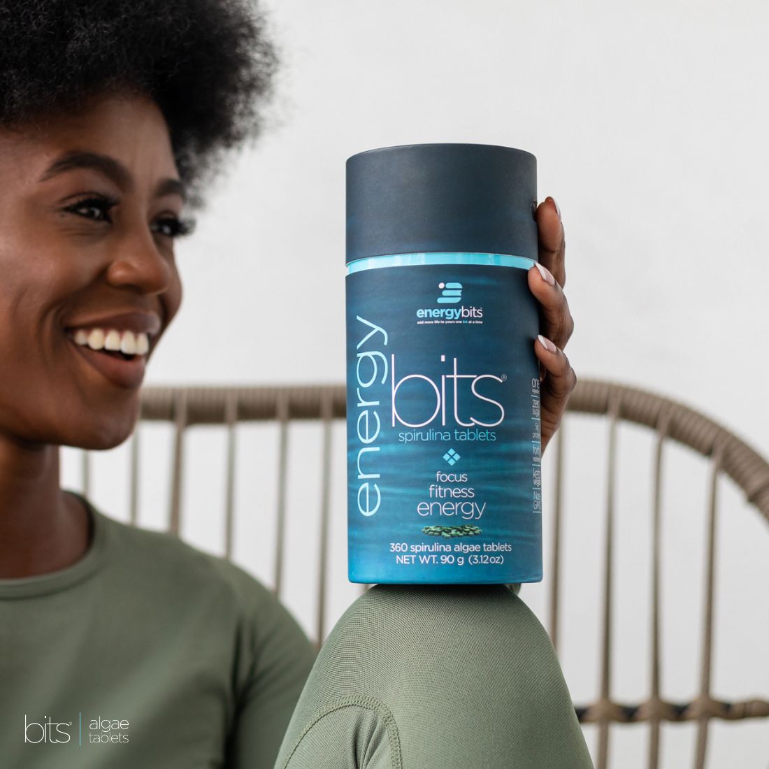 Energybits small bag of plant-based algae energy bites, featuring natural green color and resealable packaging.