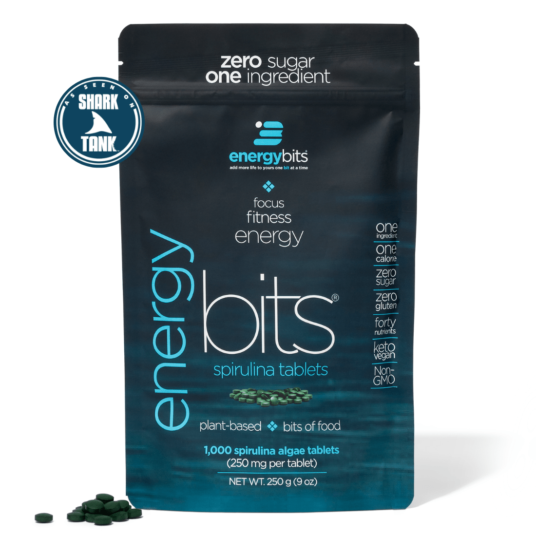 Large bag of ENERGYbits Spirulina, a natural green superfood supplement from ENERGYbits, shown in a resealable bag.