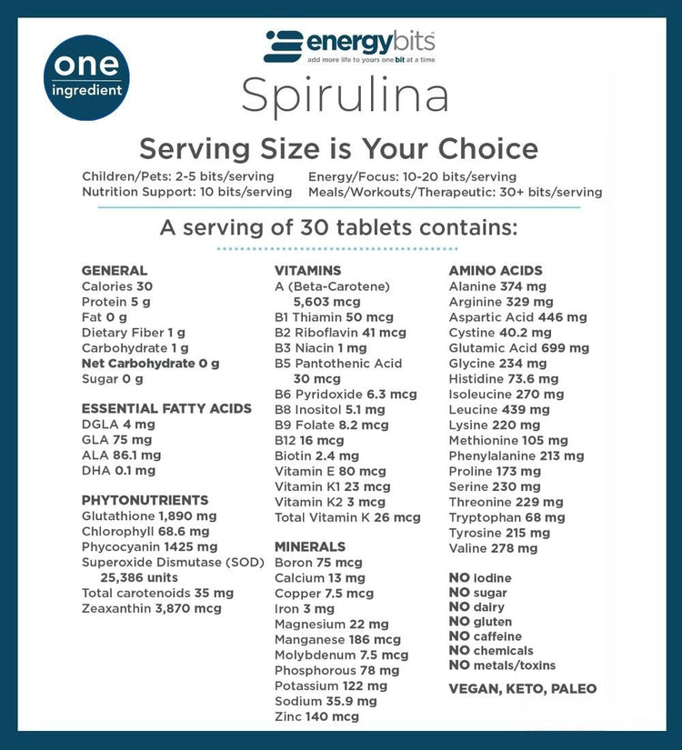 Large bag of ENERGYbits® Spirulina, a natural green superfood supplement from ENERGYbits, shown in a resealable package.