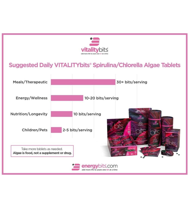 VITALITYbits® small bag of ENERGYbits algae snacks, featuring green tablets in a resealable package for healthy energy.