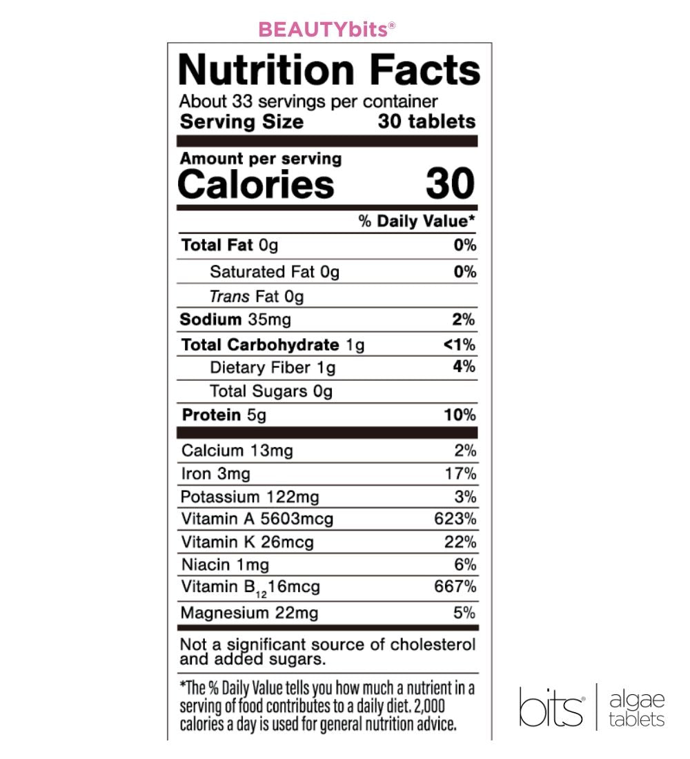 Large bag of ENERGYbits BEAUTYbits Spirulina supplement, showing vibrant green spirulina flakes in a resealable bag.