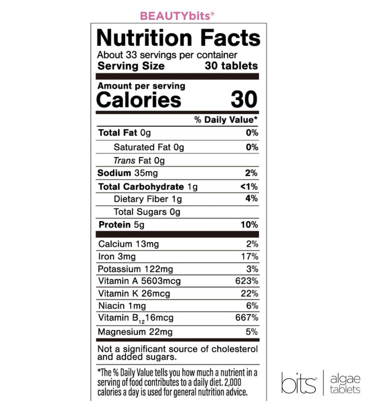 Large bag of ENERGYbits BEAUTYbits Spirulina supplement, showing vibrant green spirulina flakes in a resealable bag.
