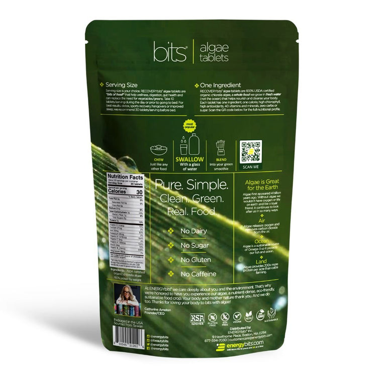 Large bag of ENERGYbits RECOVERYbits® Chlorella supplement in a subscription package, vibrant green algae powder product.