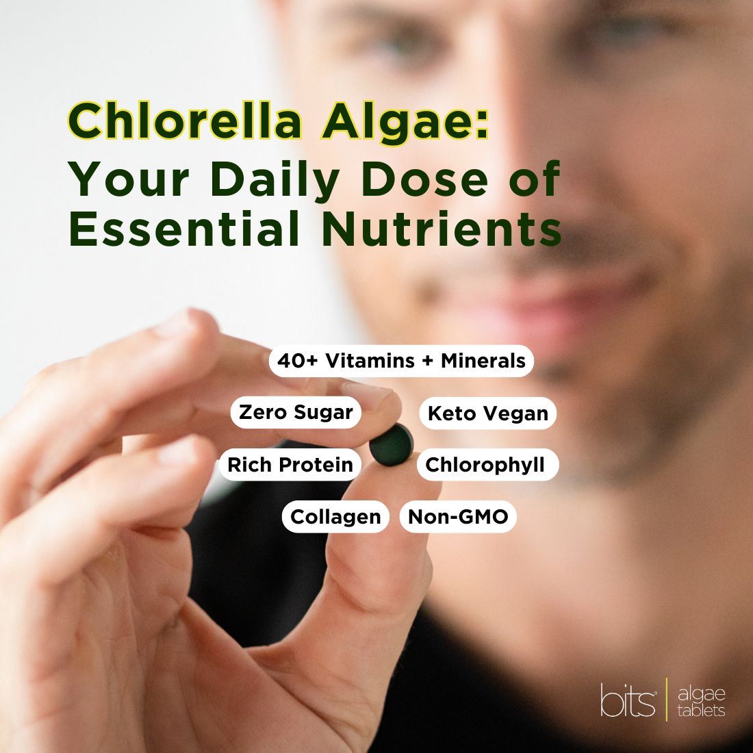 RECOVERYbits® Chlorella supplement in a large bag by ENERGYbits, designed for subscription purchase, showing green chlorella flakes.