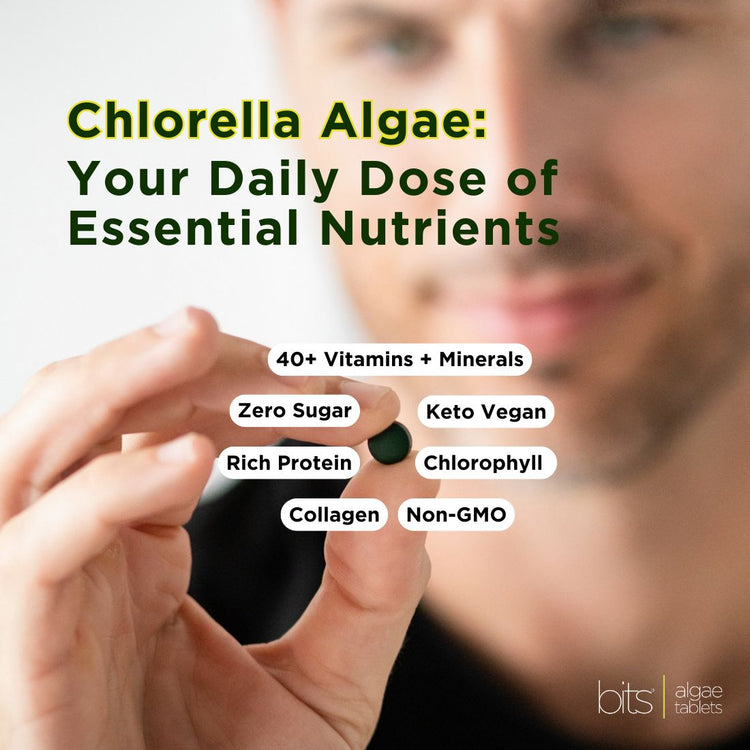 RECOVERYbits® Chlorella supplement in a large bag by ENERGYbits, designed for subscription purchase, showing green chlorella flakes.