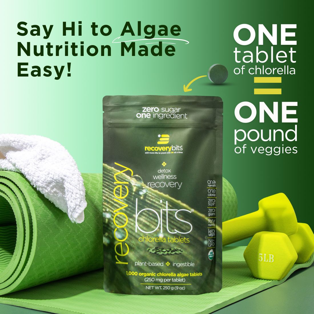 Large bag of ENERGYbits RECOVERYbits® Chlorella supplement, natural green algae for health support, in a subscription-sized package.