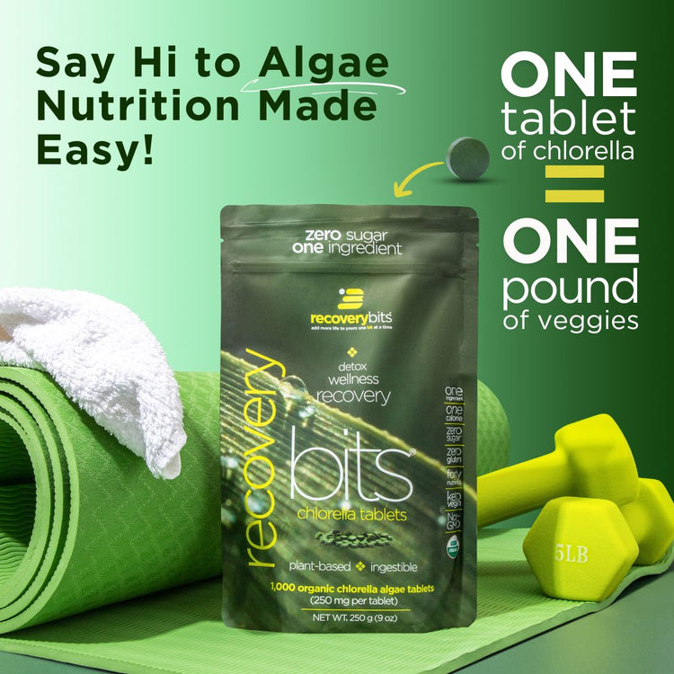 Large bag of ENERGYbits RECOVERYbits® Chlorella supplement, natural green algae for health support, in a subscription-sized package.