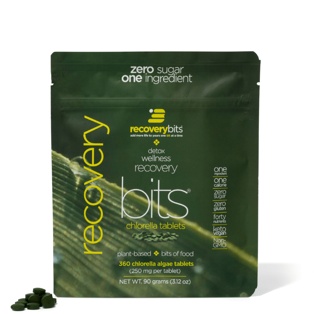 RECOVERYbits small bag from ENERGYbits subscription, containing nutrient-packed algae tablets for energy recovery and health support.