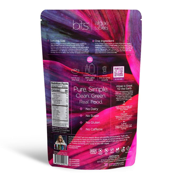 Large bag of ENERGYbits VITALITYbits Spirulina and Chlorella algae supplement for health and energy.