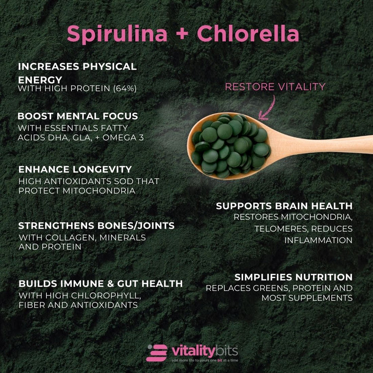 Large bag of ENERGYbits VITALITYbits Spirulina and Chlorella algae supplements in a subscription package.