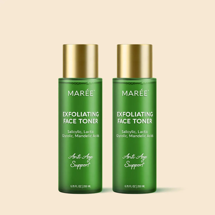 Maree Daily Glow Exfoliating Toner bottle with clear liquid and label, designed for gentle skin exfoliation and refreshment.