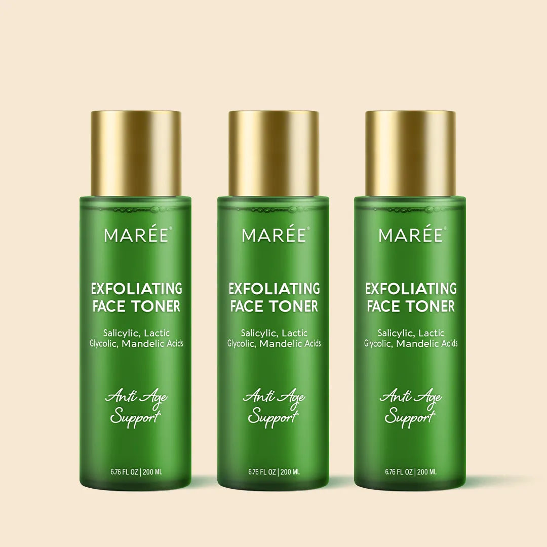 Maree Daily Glow Exfoliating Toner bottle with clear liquid and label, designed for gentle facial exfoliation and skin renewal.
