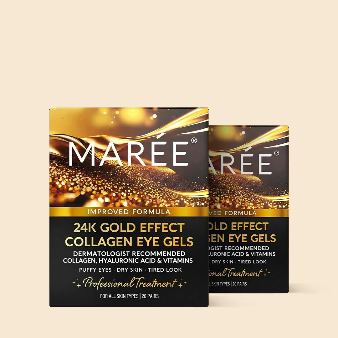 Maree 24K Gold Anti-Aging Eye Patches with gold-infused gel pads for reducing puffiness and fine lines around the eyes