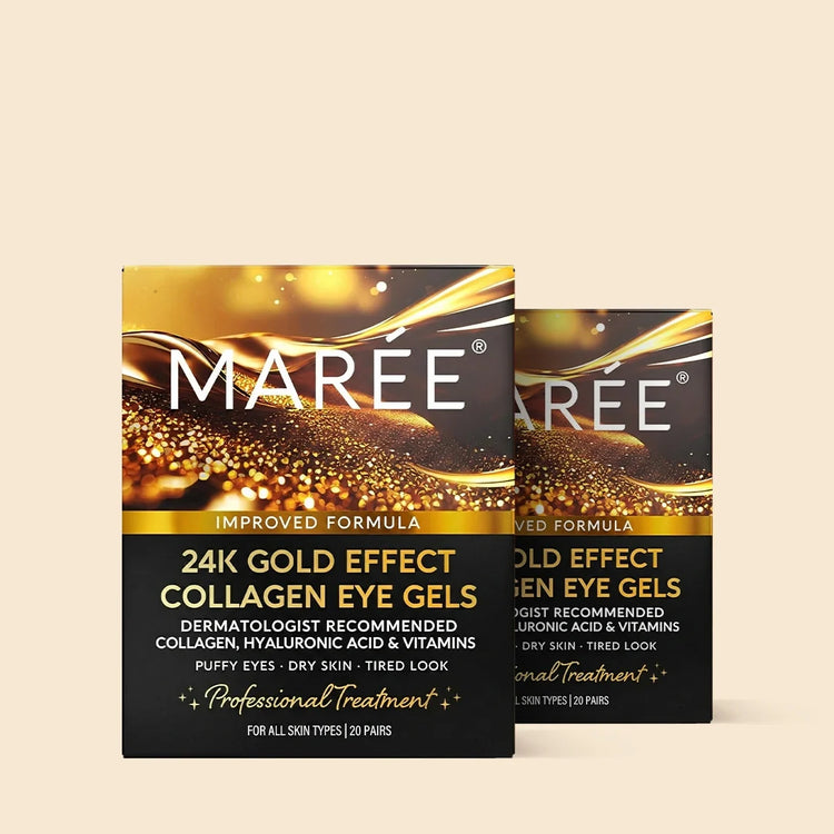 Maree 24K Gold Anti-Aging Eye Patches with gold-infused gel pads for reducing puffiness and fine lines around the eyes
