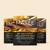 Maree 24K gold anti-aging eye patches on under-eye area for reducing puffiness and fine lines, skincare treatment product.