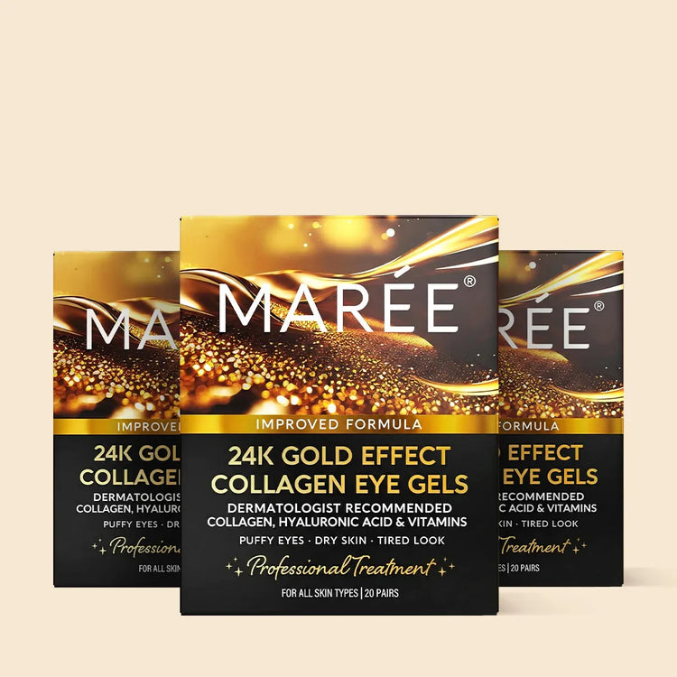 Maree 24K gold anti-aging eye patches on under-eye area for reducing puffiness and fine lines, skincare treatment product.