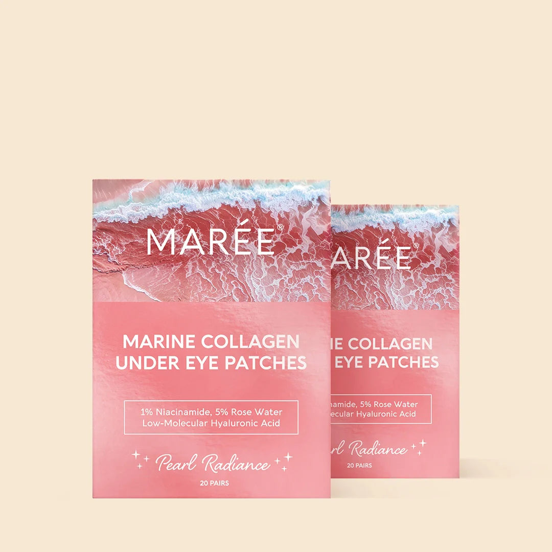 Maree pink eye patches for puffy eyes, showing soothing gel patches applied under the eyes to reduce puffiness and dark circles