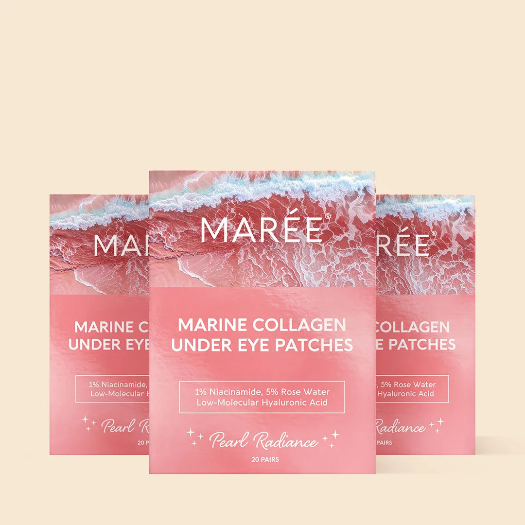 Pink eye patches for puffy eyes by Maree, showing soothing gel patches applied under the eyes for reducing puffiness.