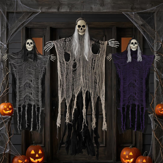 Three hanging Halloween ghost decorations featuring a grim reaper skeleton, spooky and eerie for Halloween decor.