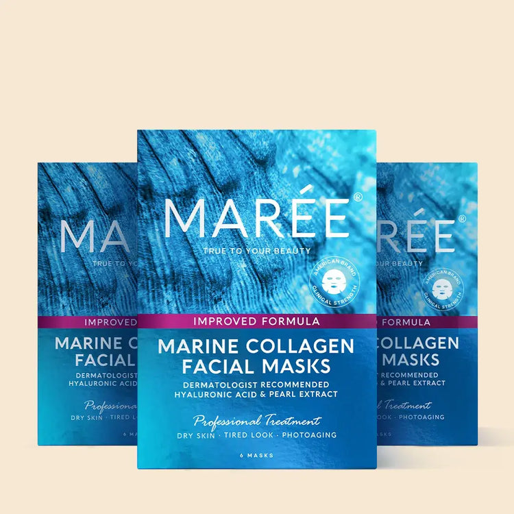 Maree Hydrating Collagen Face Mask for youthful skin, with a soothing gel texture and fresh floral design on the package.