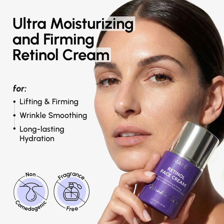 Maree Retinol Lifting & Firming Face Cream jar showing smooth cream texture in a sleek container.