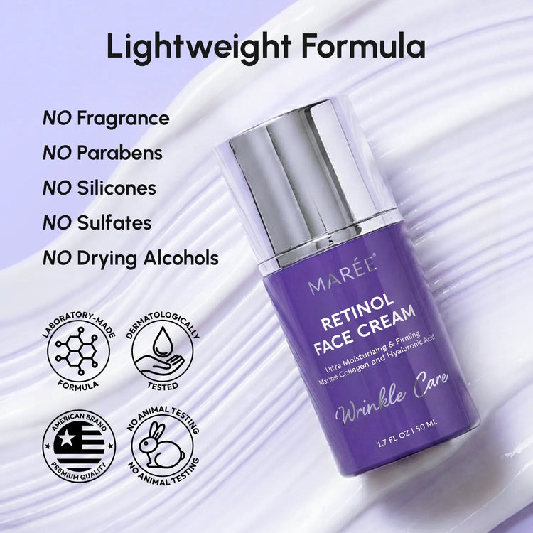 Maree Retinol Lifting & Firming Face Cream jar showing smooth, creamy texture and sleek packaging with a white lid.