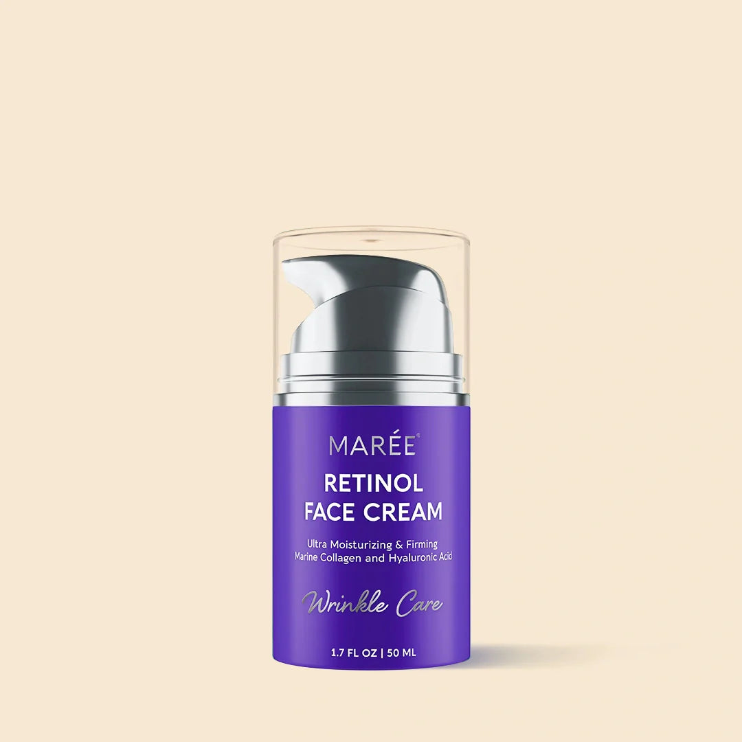 Maree Retinol Lifting & Firming Face Cream in a white jar, showing the product label and cream texture on a neutral background.