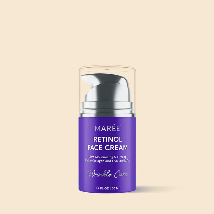 Maree Retinol Lifting & Firming Face Cream in a white jar, showing the product label and cream texture on a neutral background.