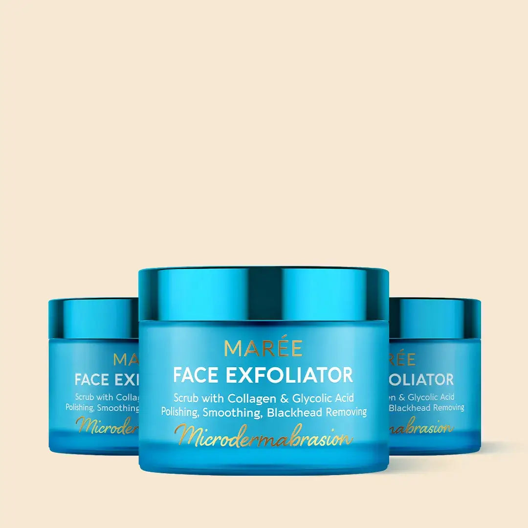 Maree face polishing scrub and exfoliator for youthful skin, showing a jar of the skincare product with textured exfoliating particles inside.