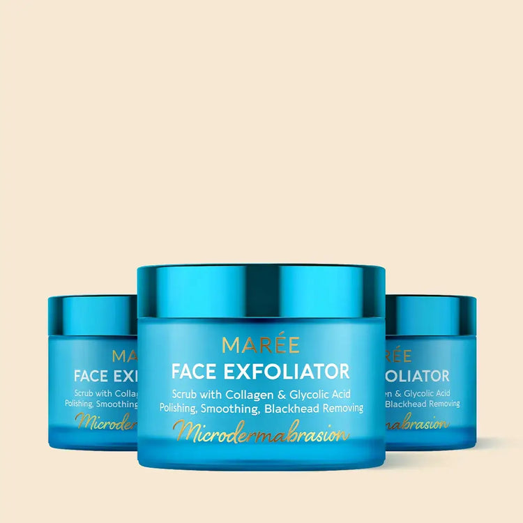 Maree face polishing scrub and exfoliator for youthful skin, showing a jar of the skincare product with textured exfoliating particles inside.