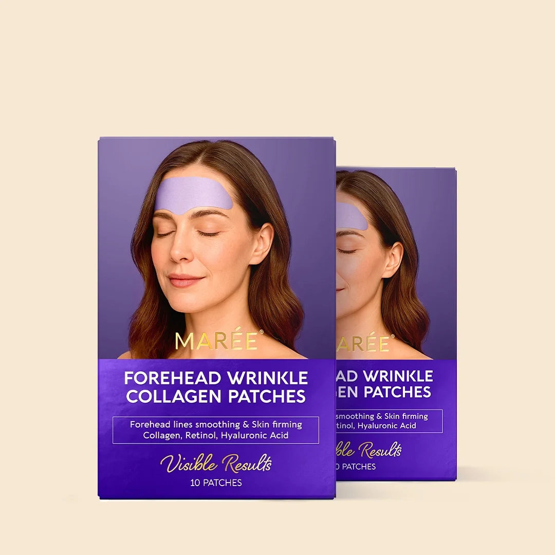 Maree anti-wrinkle forehead patches applied to smooth fine lines and wrinkles on the forehead in a close-up image.