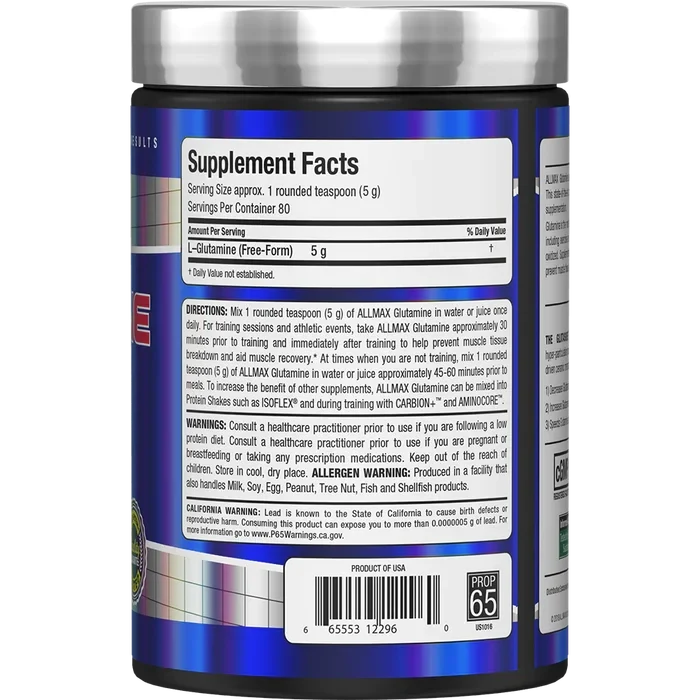 Allmax Glutamine supplement for joint support, 80 servings, shown in a bottle with supplement powder and label.