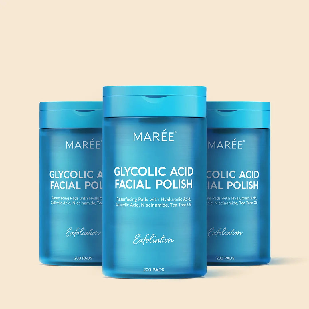 Maree glycolic acid pads in a resealable container, showing 200 exfoliating facial pads for skincare.
