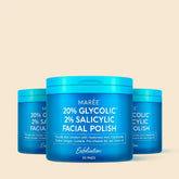 Maree Glycolic and Salicylic Acid Peel Pads for smooth, clear skin, featuring textured pads in a transparent container.