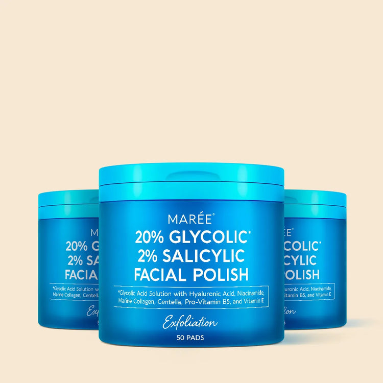 Maree Glycolic and Salicylic Acid Peel Pads for smooth, clear skin, featuring textured pads in a transparent container.